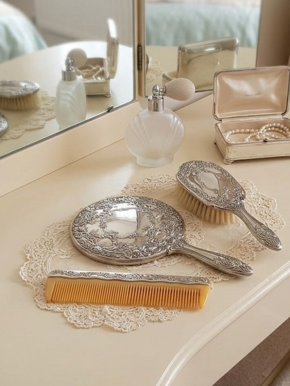 Vintage Plated Silver 3 PIECE Vanity Set with Mirror, Brush, and Comb
